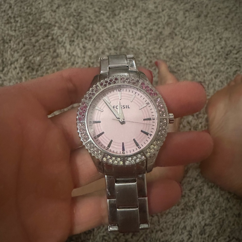 Fossil Pink Dial Silver Bracelet Watch